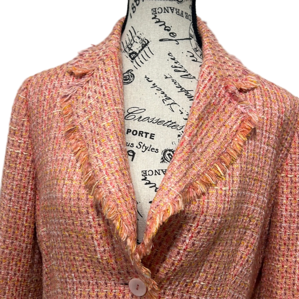 Zara Salmon Peach Pink Tweed Blazer 8 - Frayed Edge Single Button